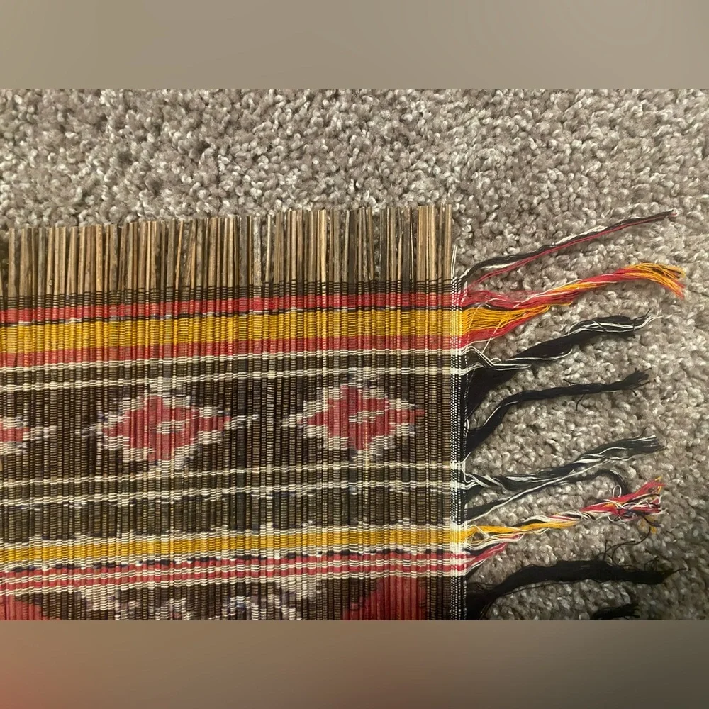 Ethnic Straw Table Runner with Red Mustard Black White Design